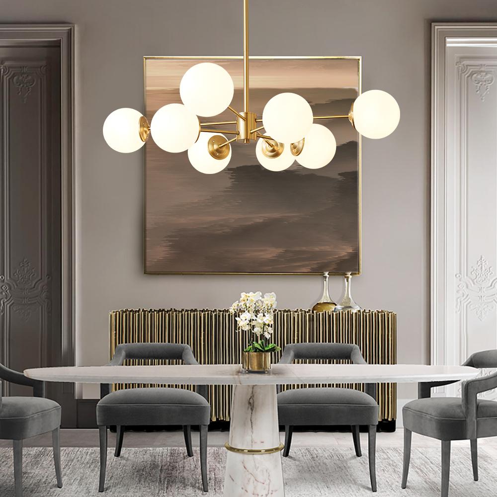 Chandelier Metal Glass 90.0 cm Gold Or Black Dining Room Sputnik Pendant Light Opal Globe Dimmable Ceiling Fixture | Thomler