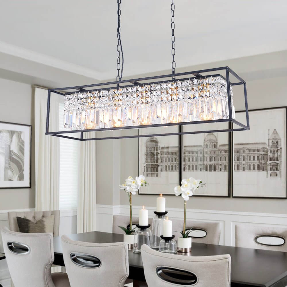 Pendant Light Crystal Glass 90.0 cm Black 5 Light Kitchen Island Dining Table Rectangular Ceiling Hanging Fixture | Thomler