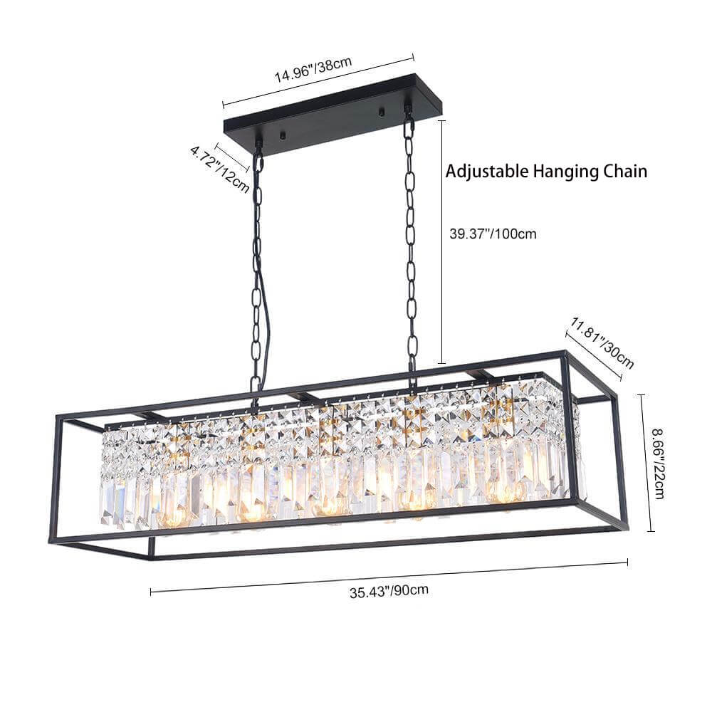 Pendant Light Crystal Glass 90.0 cm Black 5 Light Kitchen Island Dining Table Rectangular Ceiling Hanging Fixture | Thomler