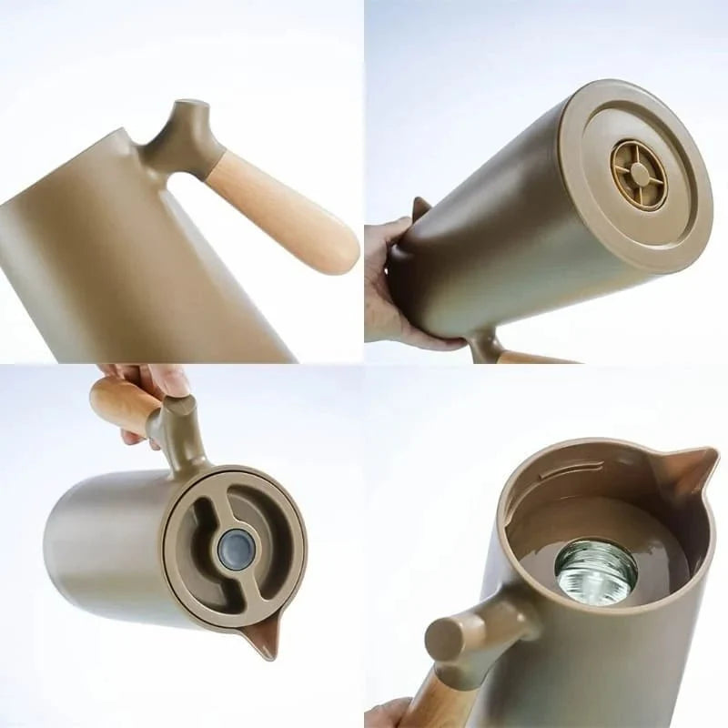 Insulated Glass Carafe with Wood Handle for Coffee Tea Water 34 oz Hot Cold Beverage Pitcher Vacuum Flask | Thomler