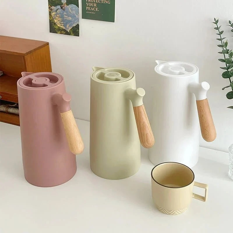 Insulated Glass Carafe with Wood Handle for Coffee Tea Water 34 oz Hot Cold Beverage Pitcher Vacuum Flask | Thomler