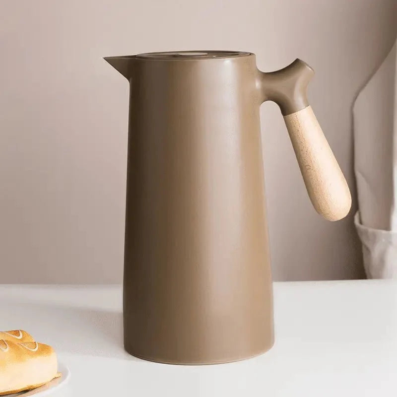 Insulated Glass Carafe with Wood Handle for Coffee Tea Water 34 oz Hot Cold Beverage Pitcher Vacuum Flask | Thomler