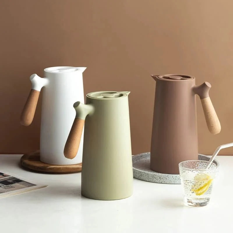 Insulated Glass Carafe with Wood Handle for Coffee Tea Water 34 oz Hot Cold Beverage Pitcher Vacuum Flask | Thomler
