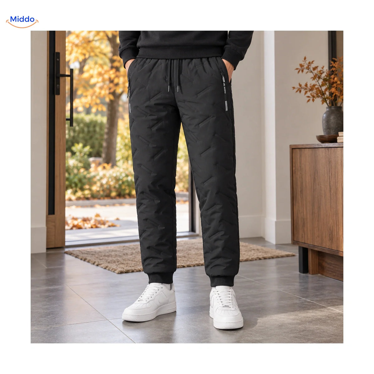 Fleece-Lined Insulated Joggers for Men – Adjustable Drawstring Winter Pants Black Gray Ribbed Cuff | Thomler