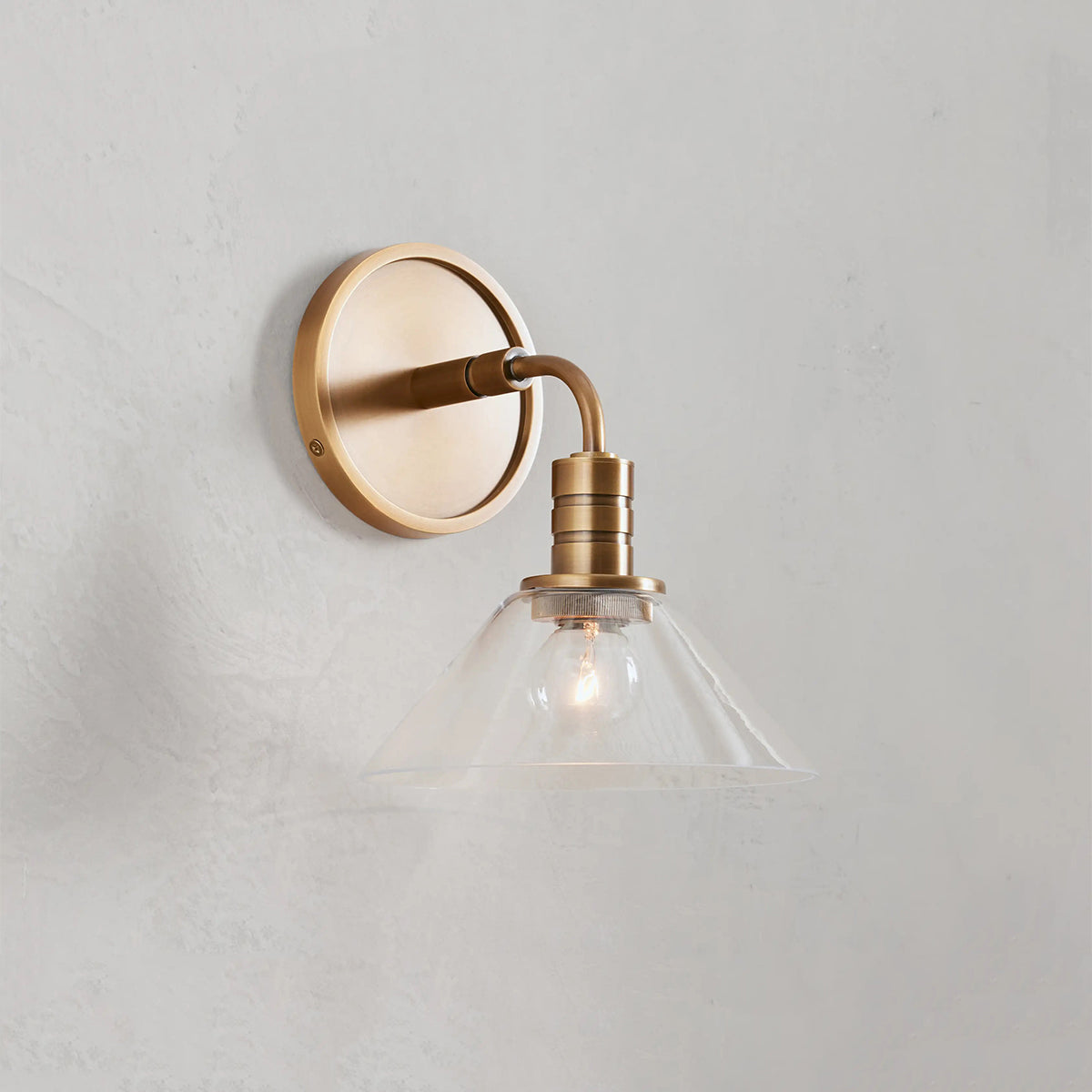 Industrial Wall Sconce with Glass Cone Shade – Brass or Bronze Finish, Hardwired Modern Lighting for Hallway, Bedroom & Living Room | Thomler