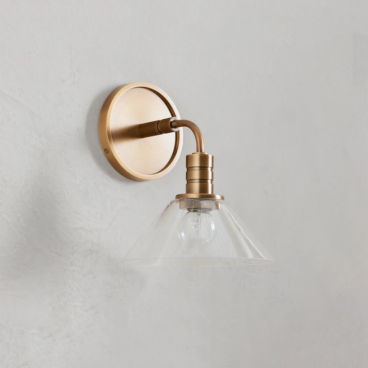Industrial Wall Sconce with Glass Cone Shade – Brass or Bronze Finish, Hardwired Modern Lighting for Hallway, Bedroom & Living Room | Thomler