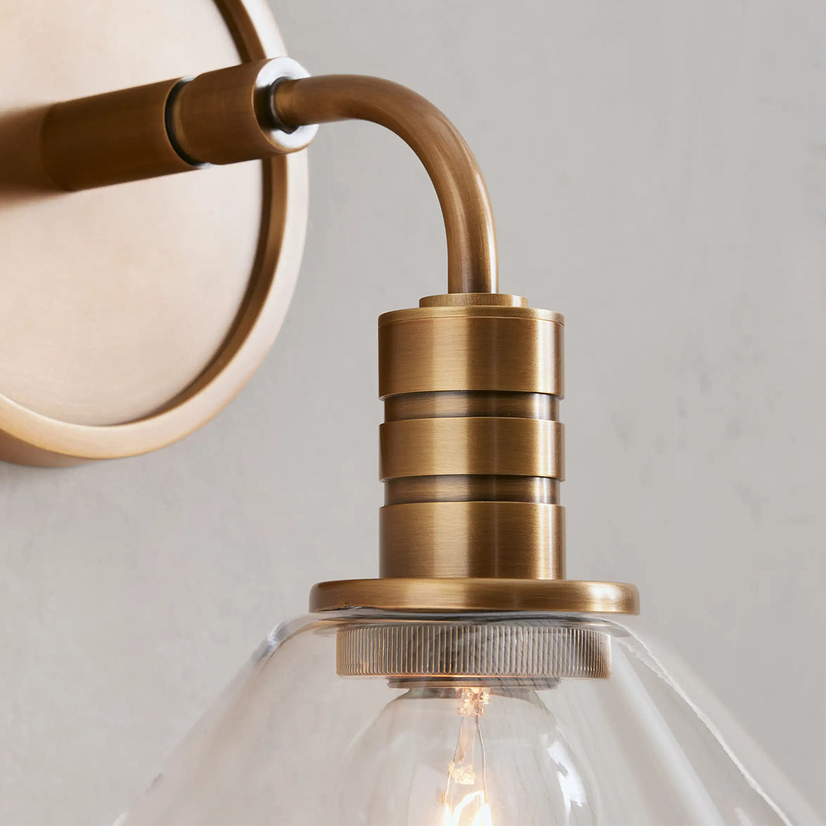 Industrial Wall Sconce with Glass Cone Shade – Brass or Bronze Finish, Hardwired Modern Lighting for Hallway, Bedroom & Living Room | Thomler