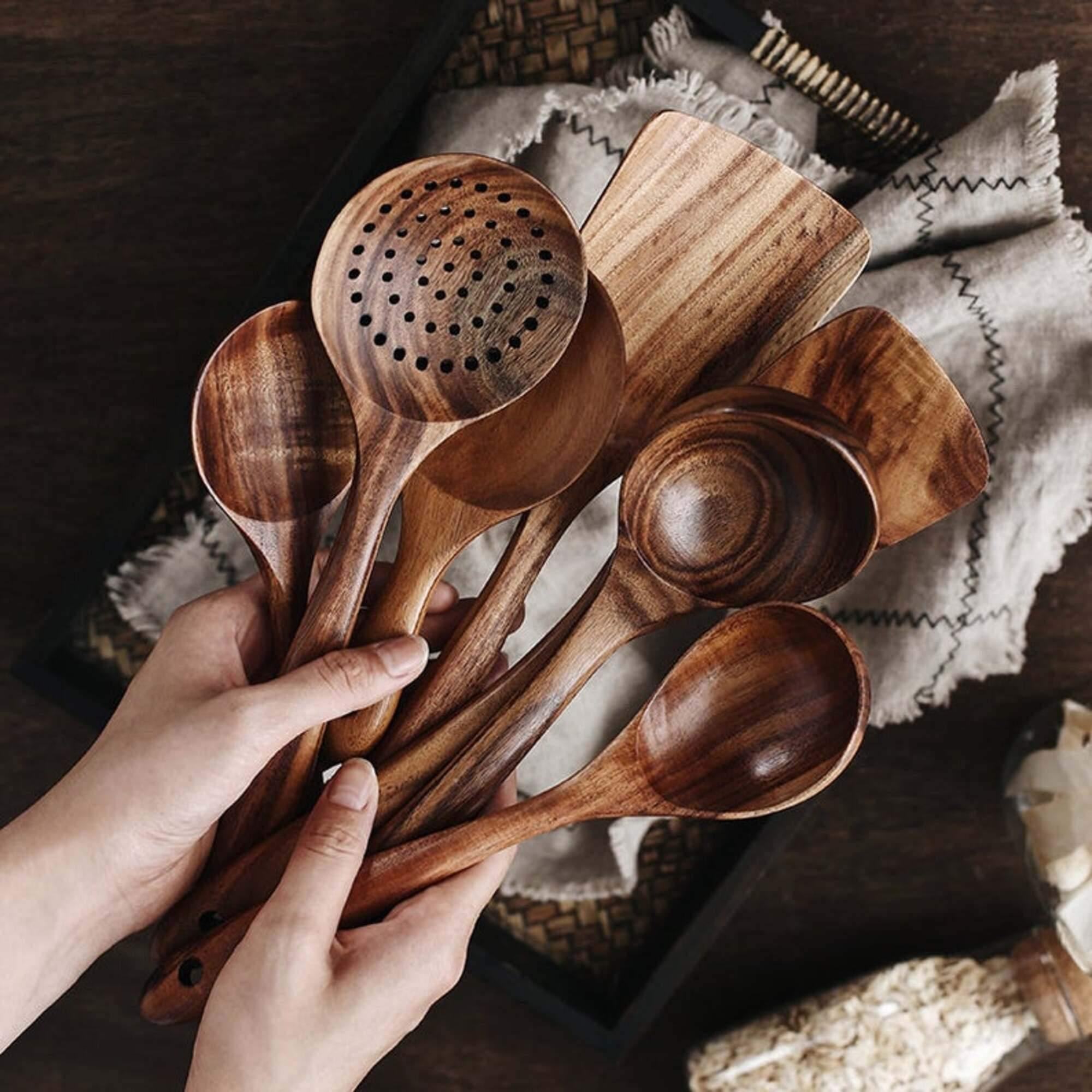 Cooking Utensil Set Teak Wood 7 Piece Non Stick Kitchen Stirring Serving Spoons Spatulas Natural Cookware Tools | Thomler