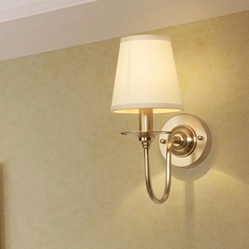 Classic Metal Wall Sconce with Curved Arm & White Fabric Shade – Hardwired Indoor Accent Light for Bedroom, Hallway & Living Room | Thomler