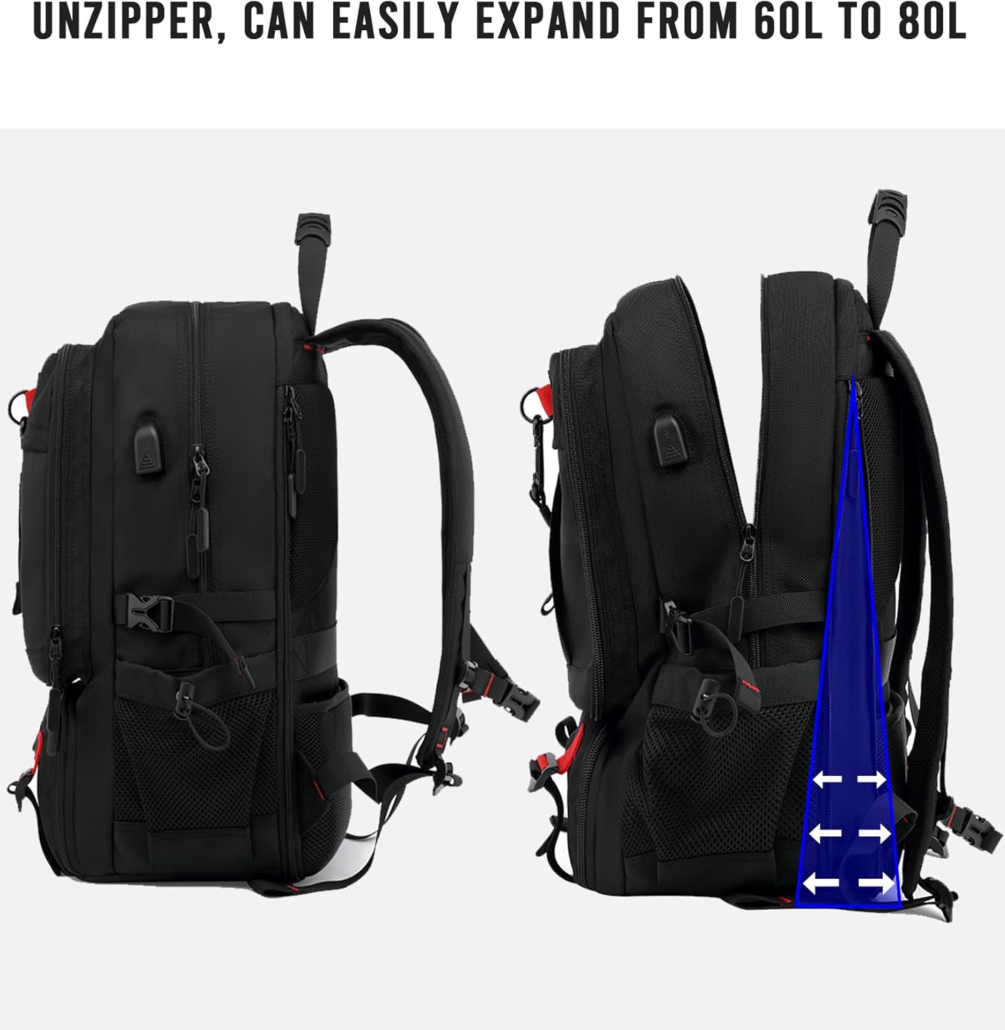 Large Expandable Backpack 60-Liter USB Charging Port Laptop Compartment up to 17 Inch Travel Carry-On Shoe Storage Anti-Theft Pocket for Bus | Thomler