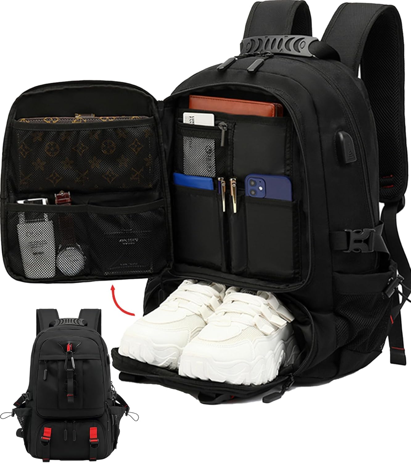 Large Expandable Backpack 60-Liter USB Charging Port Laptop Compartment up to 17 Inch Travel Carry-On Shoe Storage Anti-Theft Pocket for Bus | Thomler
