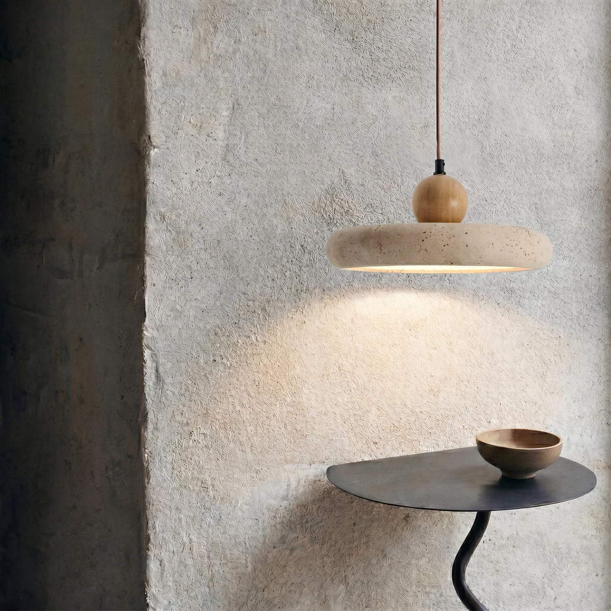 Travertine Stone & Wood Pendant Light – LED Ceiling Lamp for Dining Room, Kitchen Island & Bar – Scandinavian Minimalist Design | Thomler