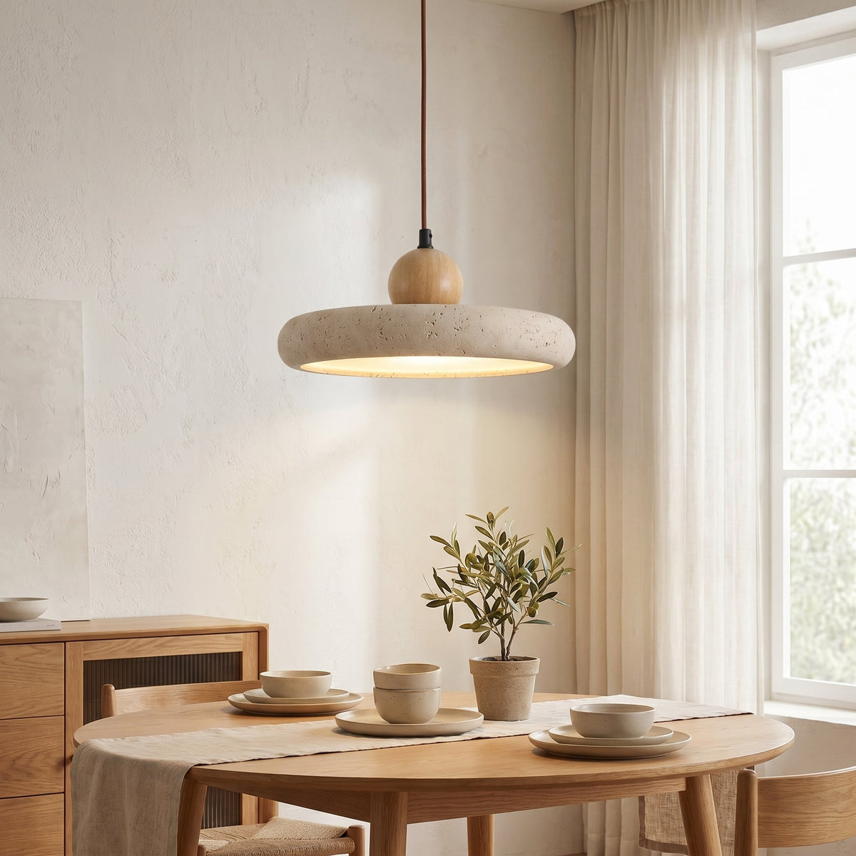 Travertine Stone & Wood Pendant Light – LED Ceiling Lamp for Dining Room, Kitchen Island & Bar – Scandinavian Minimalist Design | Thomler