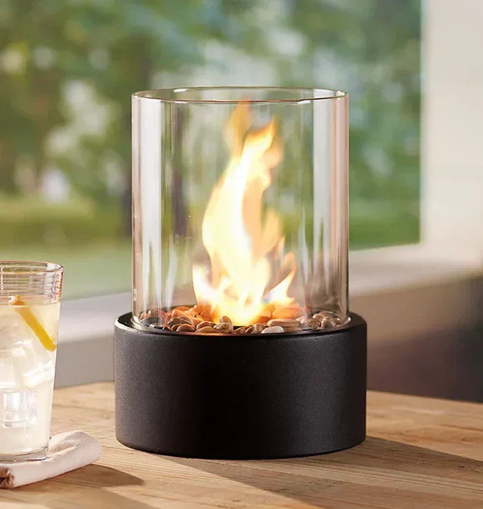 Portable Tabletop Fire Lantern with Glass Cylinder for Indoor Outdoor Ambient Lighting | Gas Fuel Flame Accent Décor for Patio Dining Living | Thomler