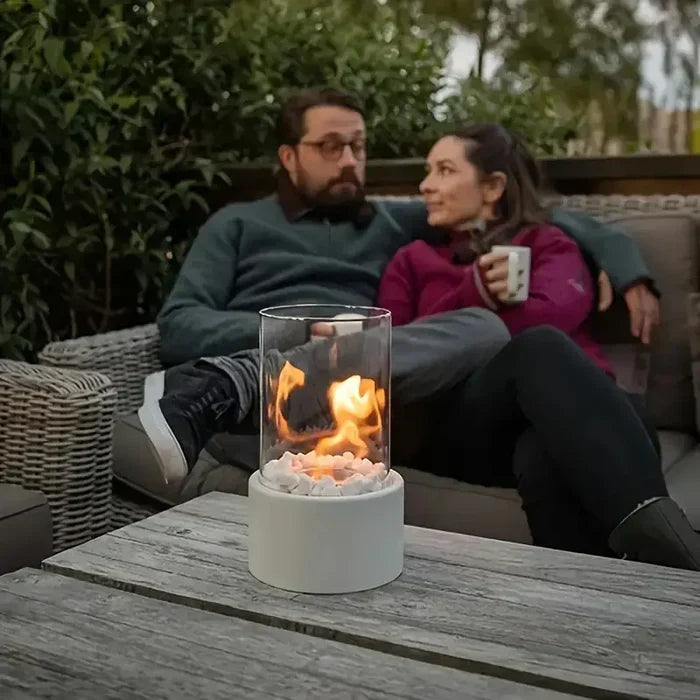 Portable Tabletop Fire Lantern with Glass Cylinder for Indoor Outdoor Ambient Lighting | Gas Fuel Flame Accent Décor for Patio Dining Living | Thomler