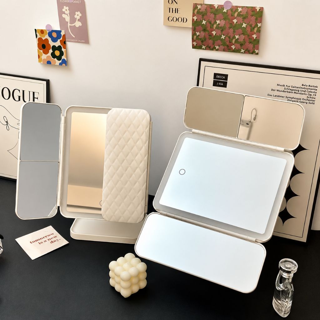 LED Vanity Mirror 4-Panel Fold-Out with 1X 2X 3X 10X Zoom Touch Control Rechargeable for Makeup Application | Thomler
