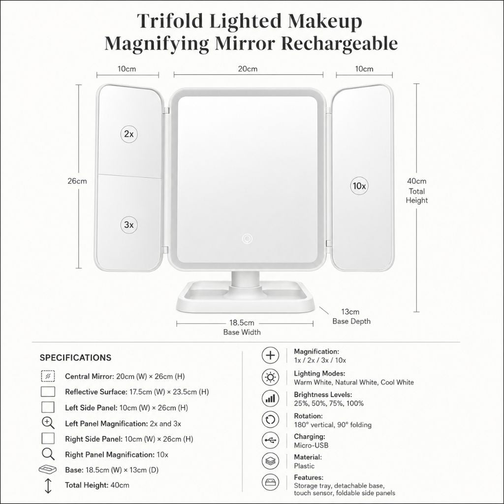 LED Vanity Mirror 4-Panel Fold-Out with 1X 2X 3X 10X Zoom Touch Control Rechargeable for Makeup Application | Thomler