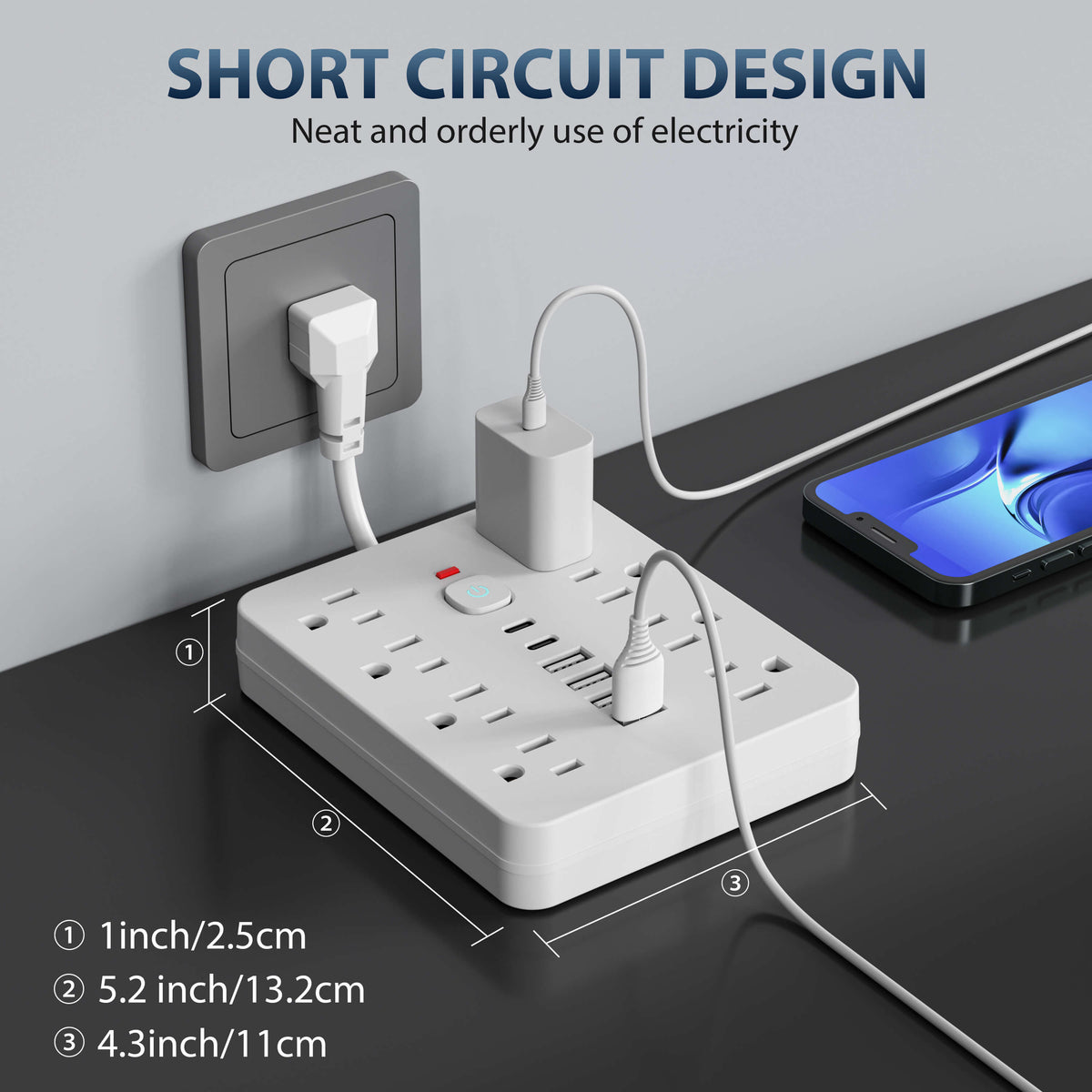 Multi-Device Charging Station with Overload Safety – 8 Outlets, 4 USB, 2 USB-C Ports for Home Office, Dorm, Workshop | Thomler