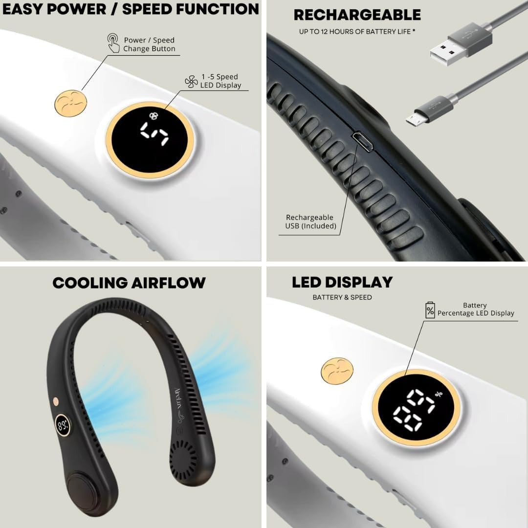 Hands-Free Wearable Personal Neck Fan with 5 Speeds and Dual Bladeless Air Vents for Outdoor Sports Hiking Gym Running Travel Summer Heat | Thomler
