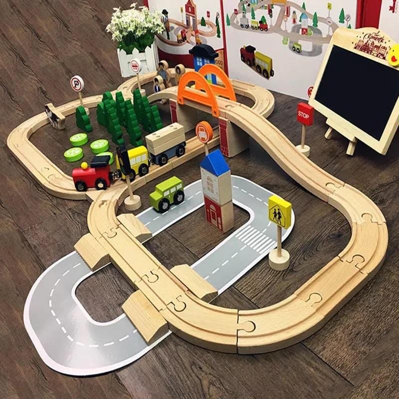 78-Piece Wooden Train Set with Tracks & Town Accessories for Kids | Storage Box Included | Pretend Play Railway Kit for Toddlers Ages 3+ | Thomler