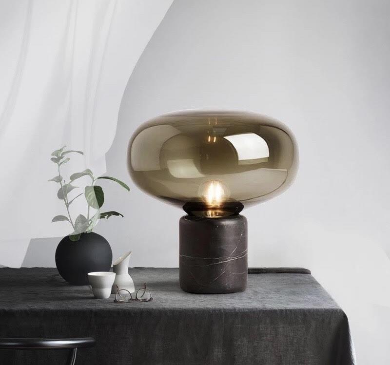 Stone & Glass Table Lamp with Hand-Blown Tinted Shade for Bedroom Nightstand & Living Room Accent Lighting | Modern Elegant Desk Lamp | Thomler