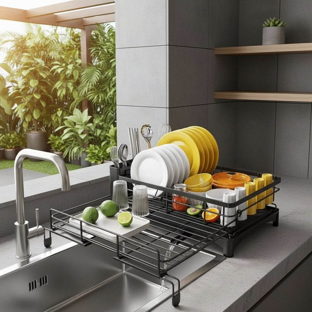 Countertop Dish Drying Rack with Drain Tray & Cutlery Caddy – Steel & Plastic for Kitchen Sink Organization | Thomler