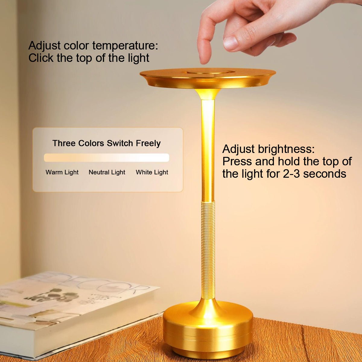 Table Lamp Aluminum LED 11.0 in Dimmable USB Rechargeable Bedroom Desk Lighting Modern Compact Nightstand Light | Thomler