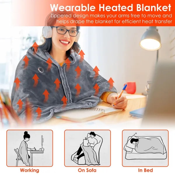 Heated Throw Blanket with Sleeves & Zipper, USB Powered, 8 Heat Zones, Fleece Wrap, 59×31 in | Thomler