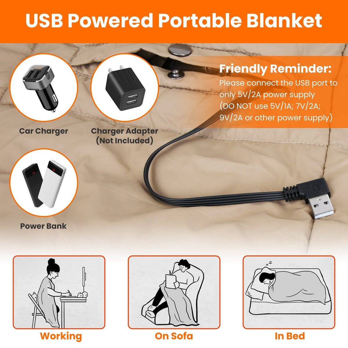 Wearable USB Heated Throw with Arm Slits, Dual Controls & 6 Warmth Zones | Thomler