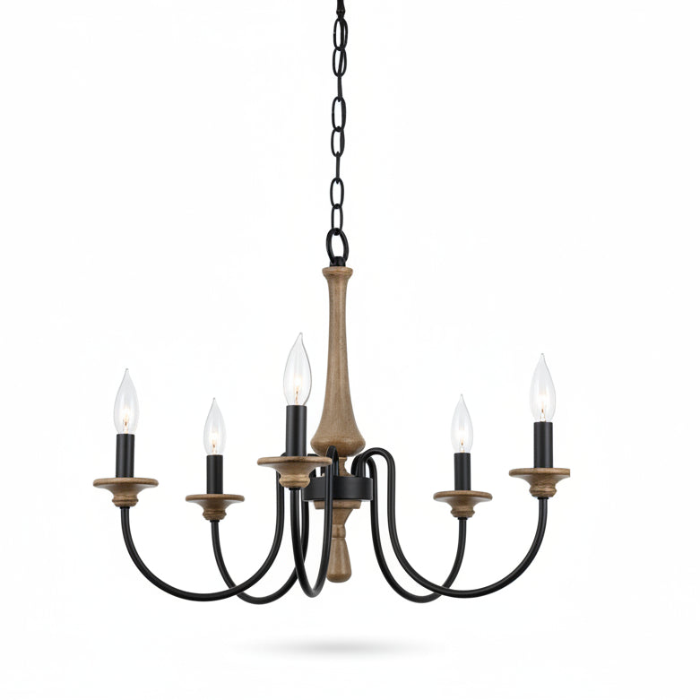Carved Timber Column Chandelier with Candelabra Arms – 5 to 8 Lights for Farmhouse Dining Room or Entryway | Thomler