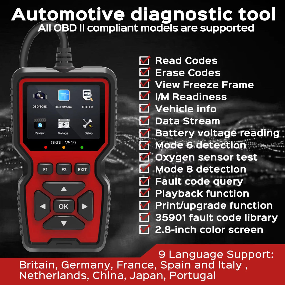 OBD2 Car Diagnostic Scanner with 2.8-Inch Color Display & 35,000+ Trouble Codes for Engine Checks, Live Data & Emissions Testing | Thomler
