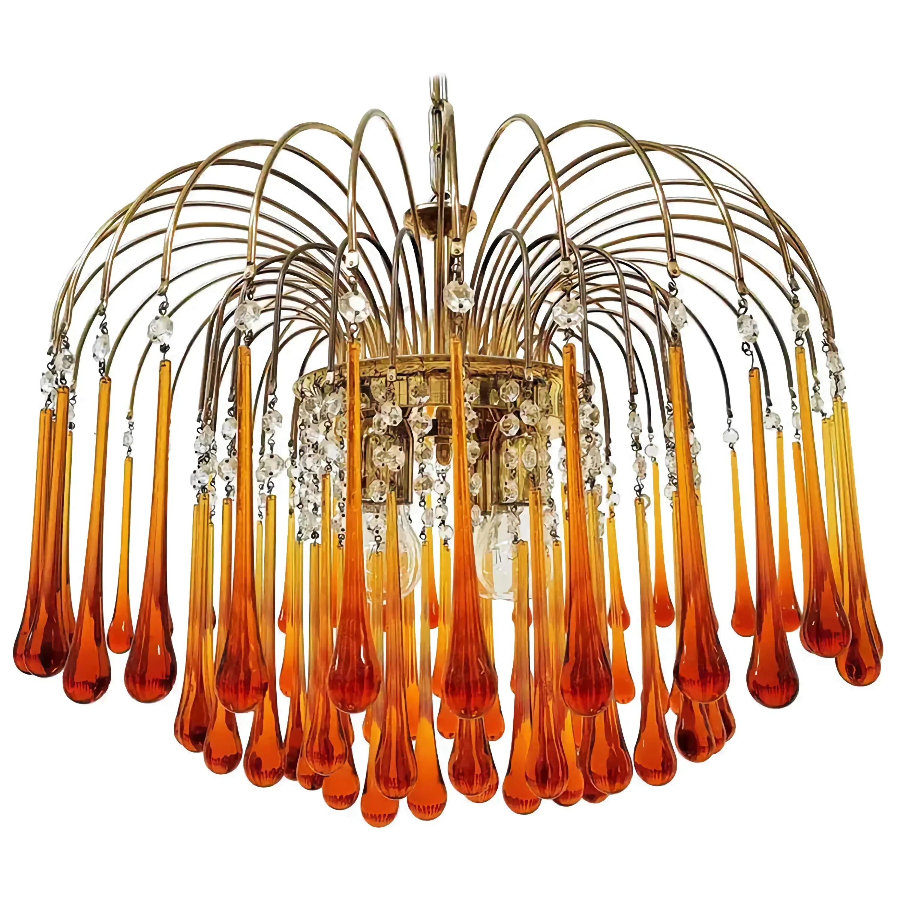 Pendant Light Amber Glass 60.0 cm Gold Dining Room Art Deco Chandelier Ceiling Fixture Adjustable Hanging Lamp | Thomler