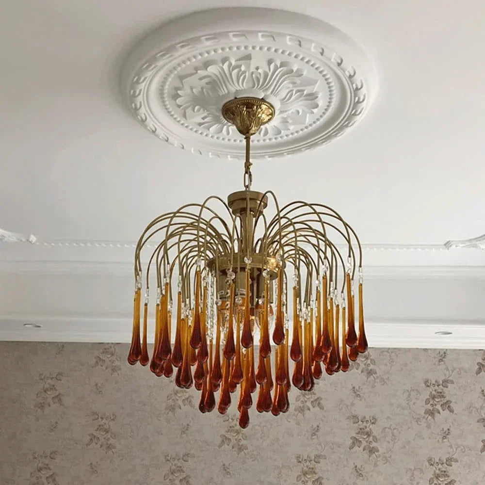 Pendant Light Amber Glass 60.0 cm Gold Dining Room Art Deco Chandelier Ceiling Fixture Adjustable Hanging Lamp | Thomler
