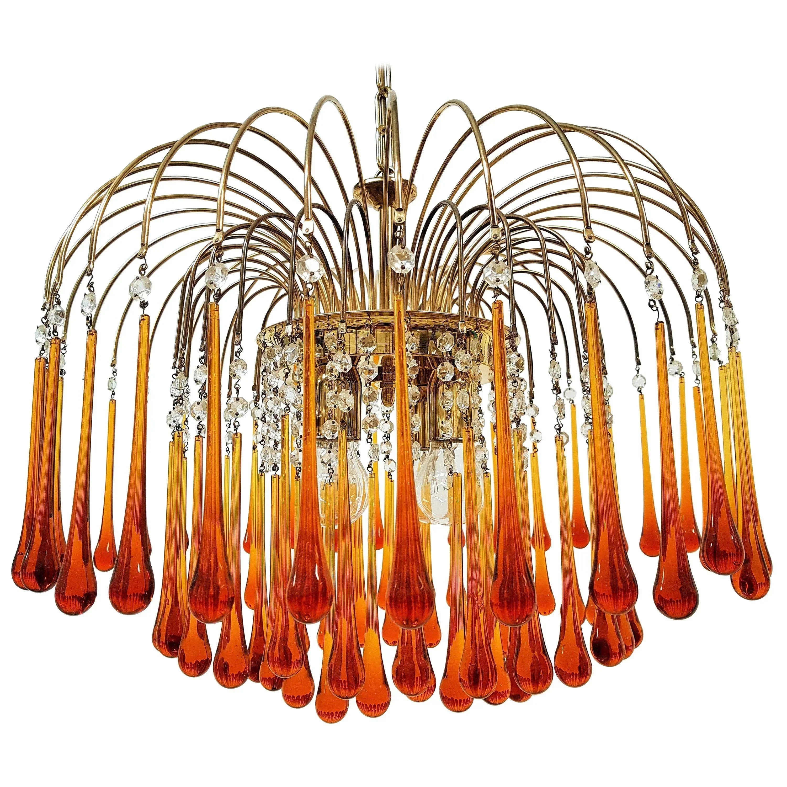 Pendant Light Amber Glass 60.0 cm Gold Dining Room Art Deco Chandelier Ceiling Fixture Adjustable Hanging Lamp | Thomler