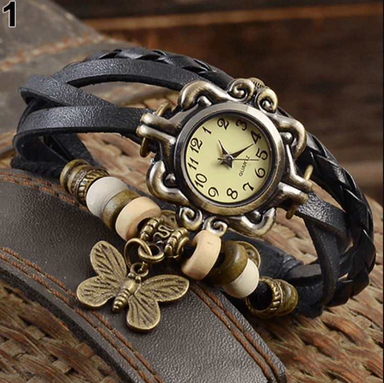 Layered Leather Wrap Watch for Women – Boho Leaf Charm Bracelet Timepiece for Everyday Style | Thomler