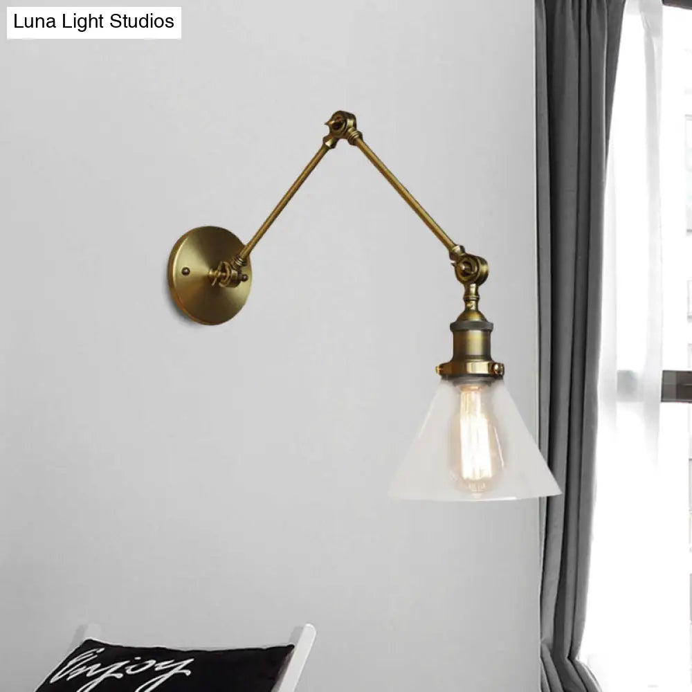 Adjustable Swing Arm Wall Lamp with Tapered Clear Glass Shade – Industrial Style Sconce for Bedroom, Hallway & Den | Thomler