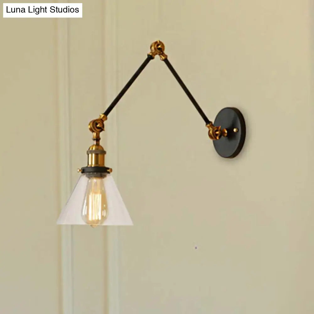 Adjustable Swing Arm Wall Lamp with Tapered Clear Glass Shade – Industrial Style Sconce for Bedroom, Hallway & Den | Thomler