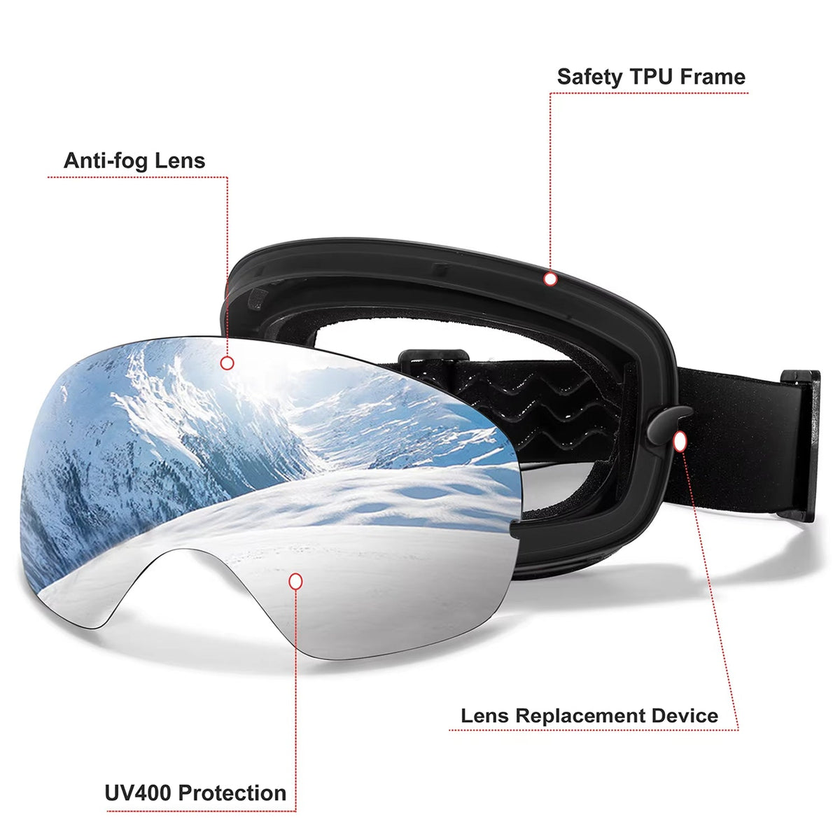 Anti-Fog Snow Goggles for Skiing & Snowboarding – UV400 Protection, OTG Compatible, Lightweight 4 oz Design | Thomler
