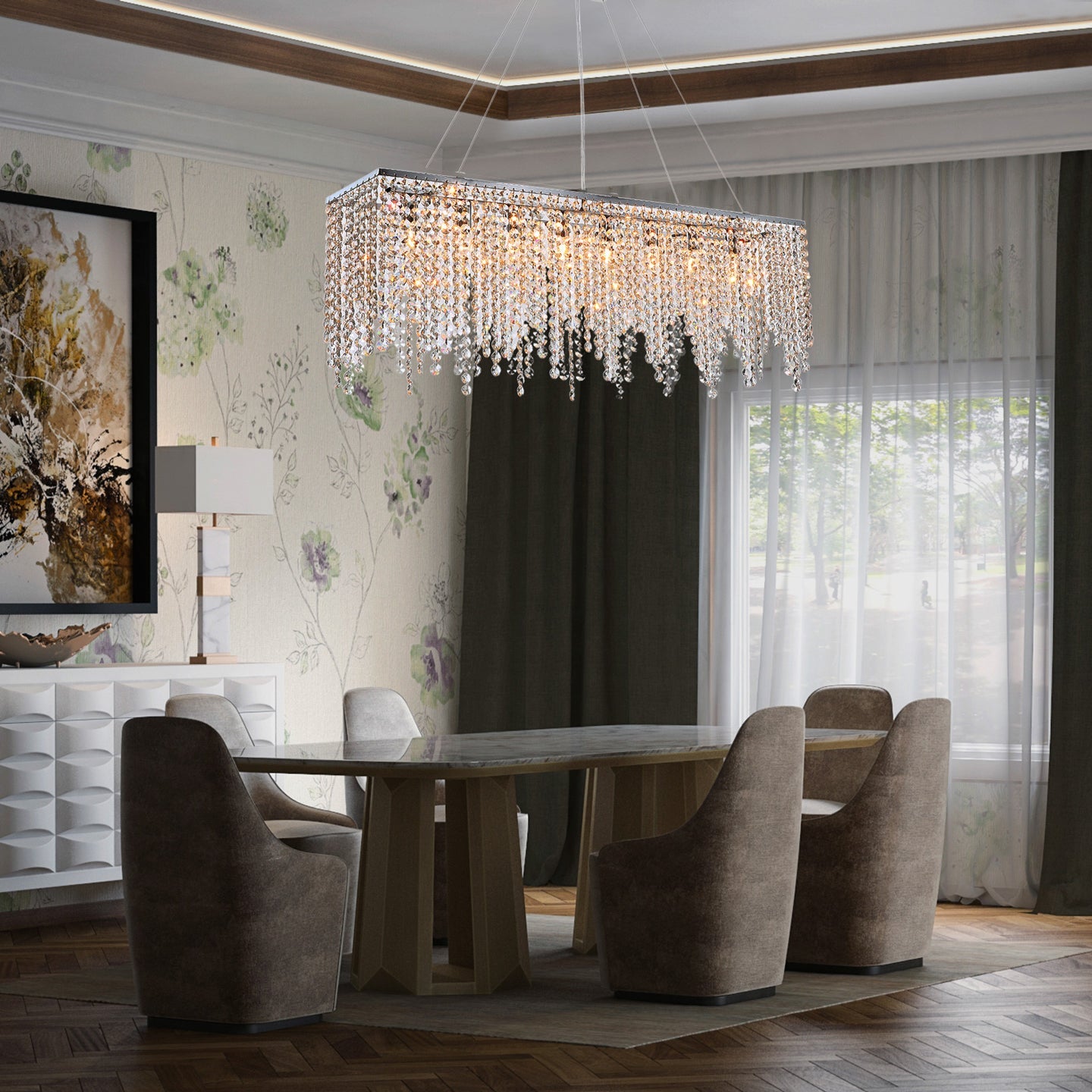 Rectangular Crystal Chandelier Ceiling Light Fixture Stainless Steel Frame E12 Candelabra Base for Dining Room Kitchen Island Modern | Thomler
