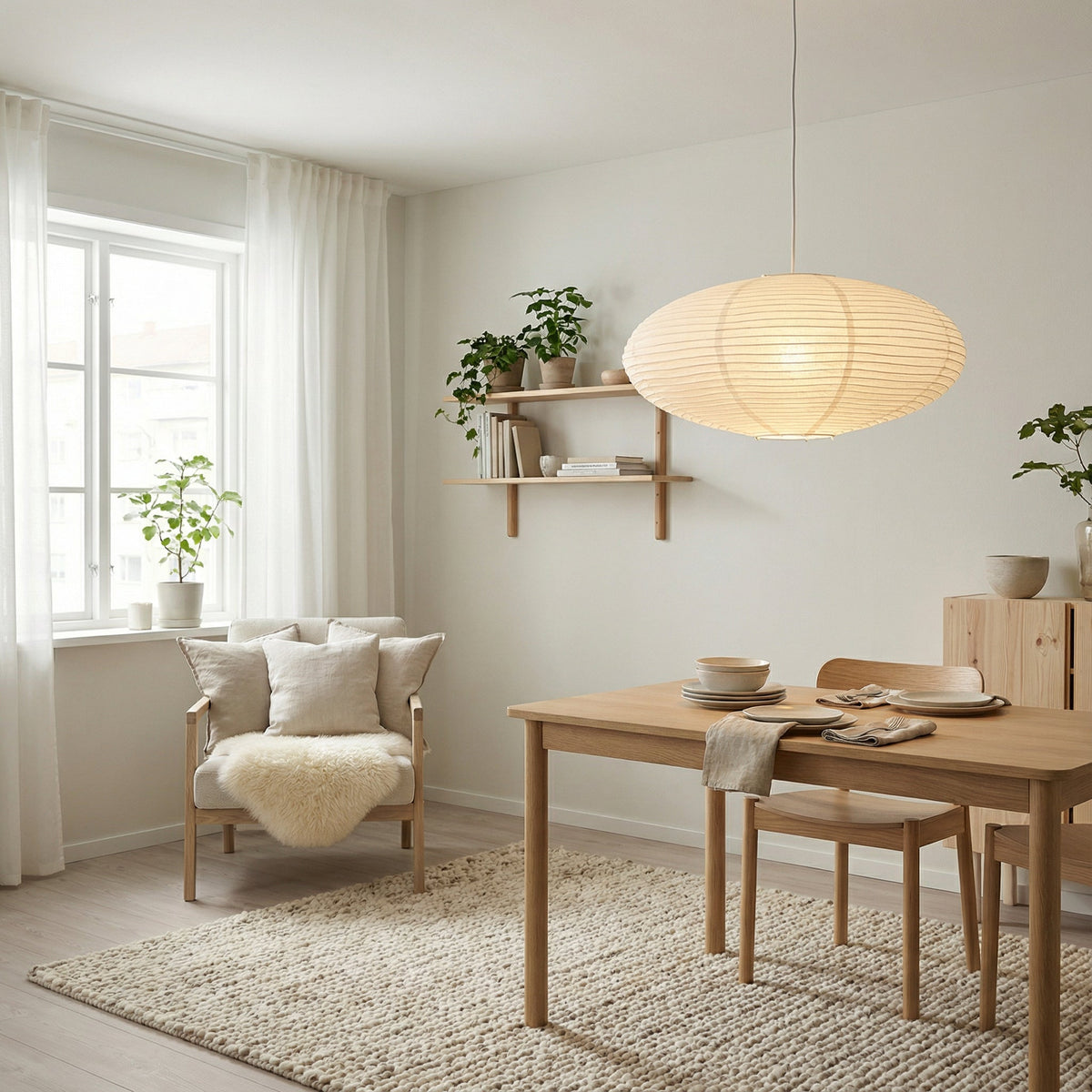 Paper Lantern Pendant Light E26 Minimalist Hanging Lamp for Dining Room Kitchen Island Adjustable Height Ceiling Fixture Natural Cotton | Thomler