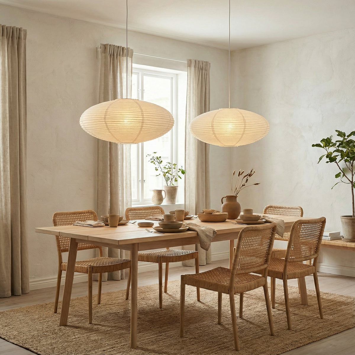 Paper Lantern Pendant Light E26 Minimalist Hanging Lamp for Dining Room Kitchen Island Adjustable Height Ceiling Fixture Natural Cotton | Thomler