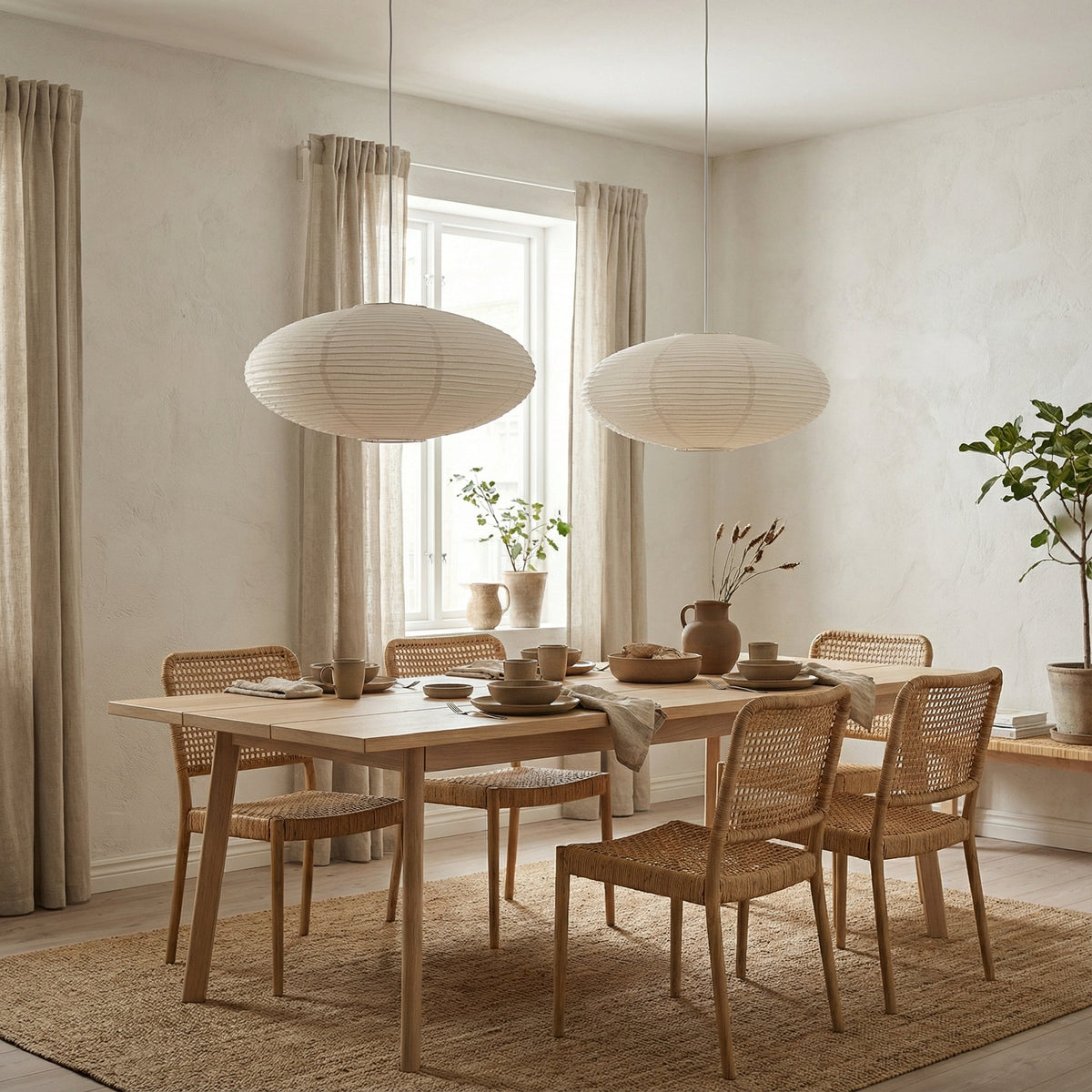 Paper Lantern Pendant Light E26 Minimalist Hanging Lamp for Dining Room Kitchen Island Adjustable Height Ceiling Fixture Natural Cotton | Thomler