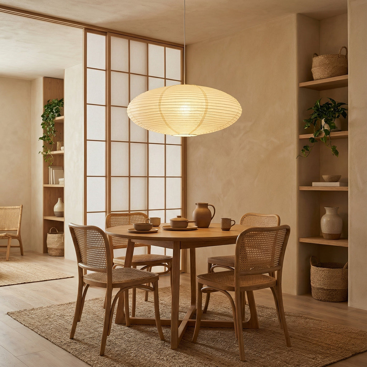 Paper Lantern Pendant Light E26 Minimalist Hanging Lamp for Dining Room Kitchen Island Adjustable Height Ceiling Fixture Natural Cotton | Thomler
