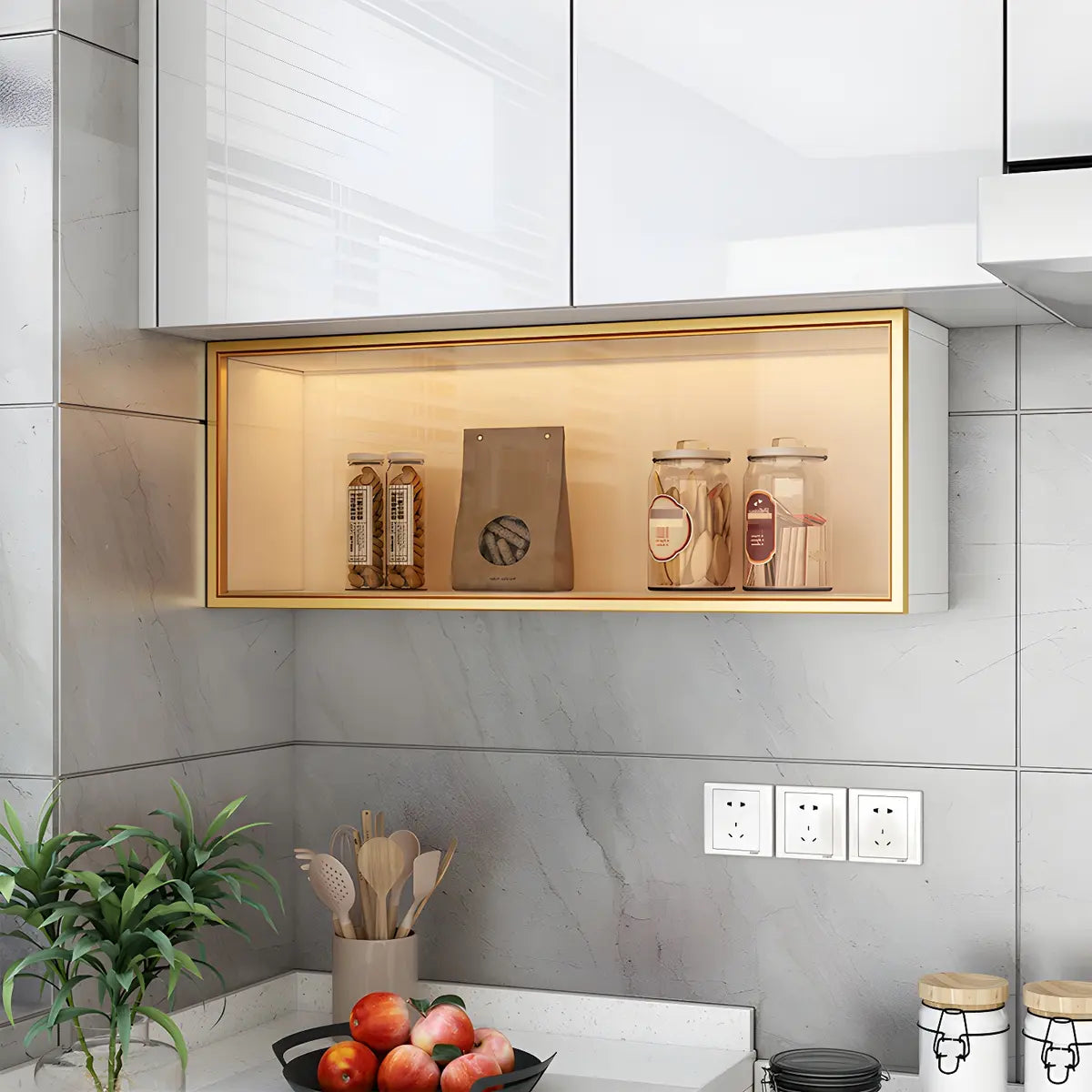 Display Cabinet Wood 30.0 cm Height Glass Door Kitchen Living Room Wall Mounted Storage Display Unit Optional LED Lighting | Thomler
