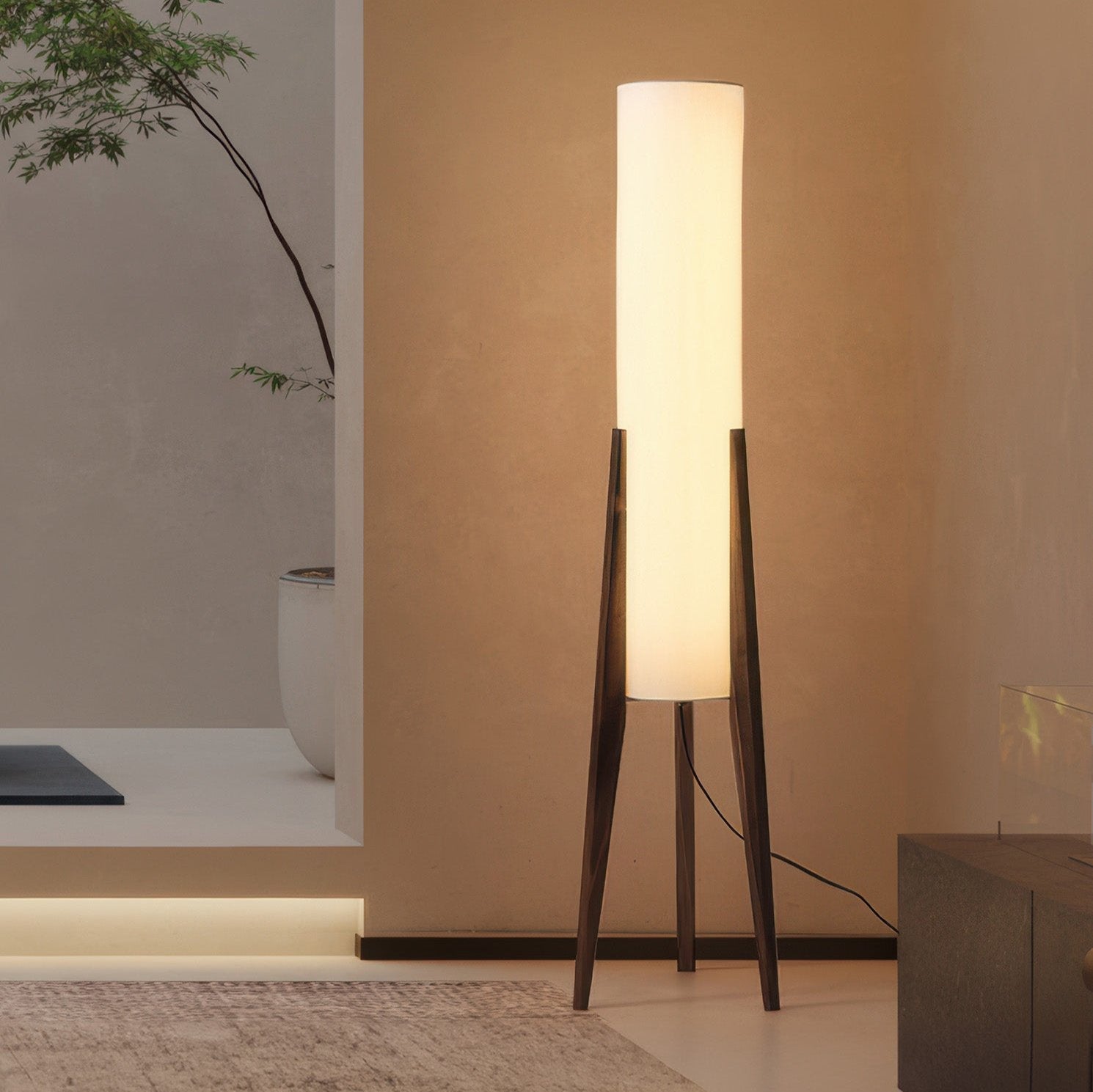 Solid Wood Floor Lamp with Fabric Shade – Mid-Century Standing Light for Living Room & Bedroom – Natural Walnut Base – 12W LED | Thomler