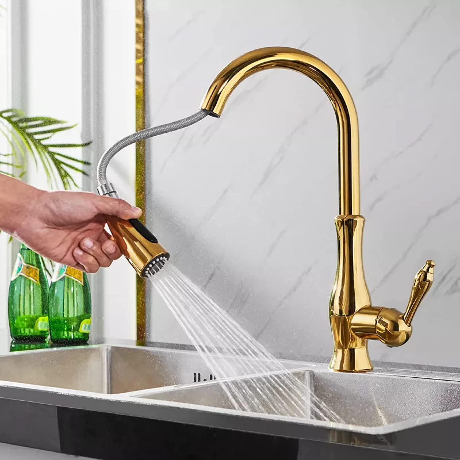 Pull-Down Kitchen Faucet with Spray Head | Single Handle Sink Faucet | Stainless Steel Spout | Pull-Out Sprayer for Farmhouse & Modern | Thomler
