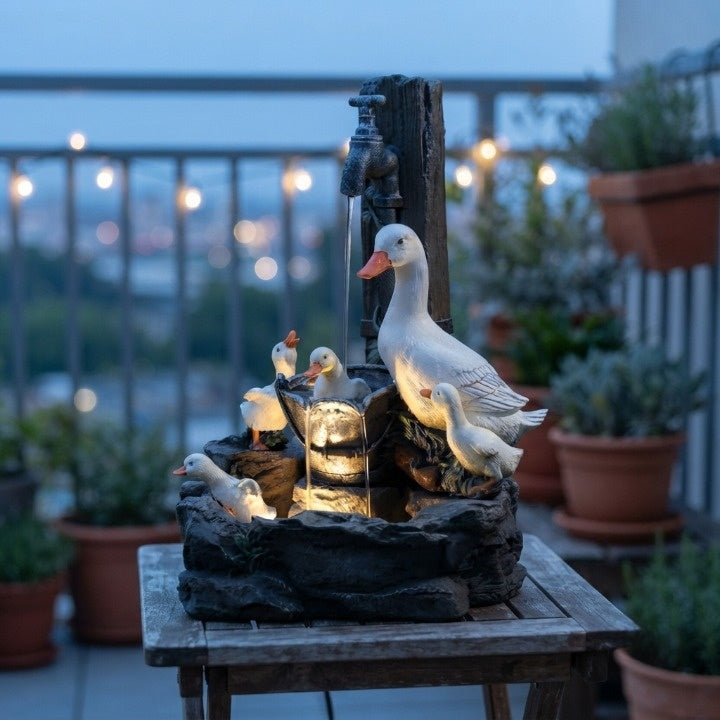 Solar Tabletop Water Fountain with Animal Figurine & LED Light for Patio Garden Deck Outdoor Decor Desktop Accent | Thomler