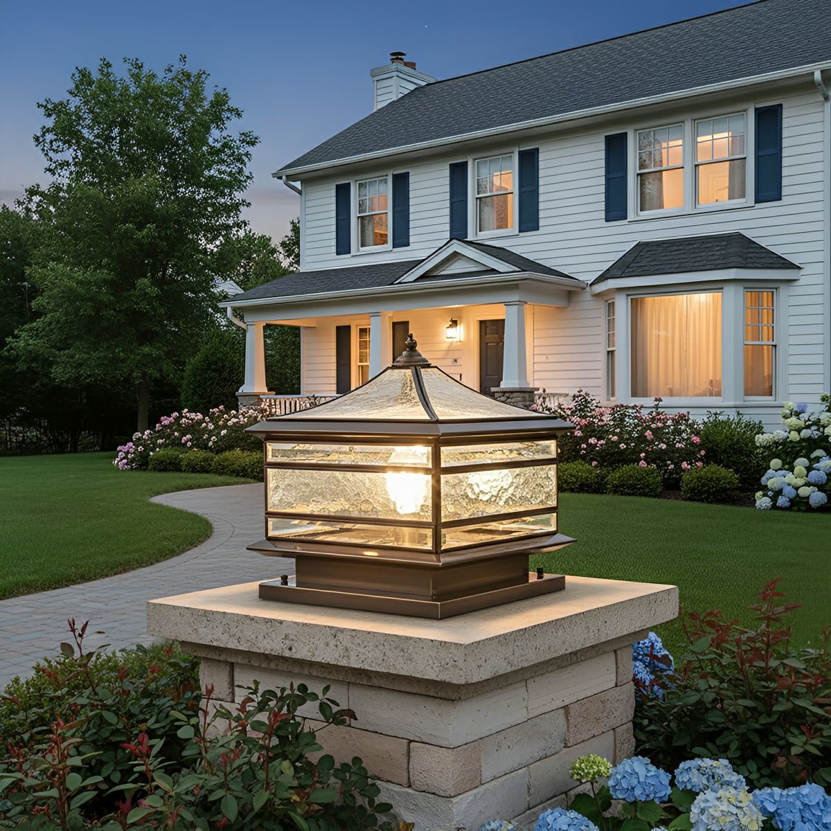 Solar Pillar Lantern for Fence Posts – Copper Finish Outdoor Column Light with Glass Panels, Weatherproof Post Cap Fixture for Entry | Thomler