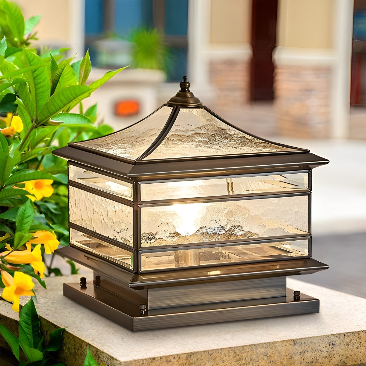 Post Light Copper Tempered Glass 25.0 cm Outdoor Fence Gate Pillar Lantern Waterproof Solar Wired E27 Garden Entrance Lighting | Thomler