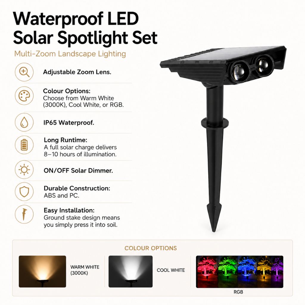 Outdoor Solar Garden Spotlight with Adjustable Beam – Rechargeable Stake Light for Yard, Walkway & Patio Lighting | Thomler